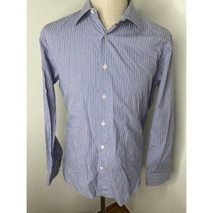 Hickey Freeman Mens Button Down Shirt Blue White Striped Made Italy 16 Long Slv